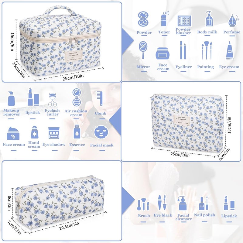 Gosect Makeup Bag Set, Quilted Makeup Bag, Large Floral Cosmetic Bag for Women, Cute Cotton Makeup Bags, Flower Travel Toiletry Organizer Bag (Blue Peacock Flower) - Image 2